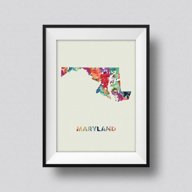 Maryland Map Usa Watercolor Art Print Ink Splash Poster Canvas