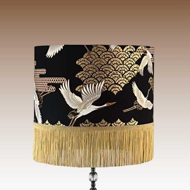 Luxury Oriental Japanese Cranes Lampshade Black & Gold With Fringe - image 1
