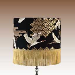 Luxury Oriental Japanese Cranes Lampshade Black & Gold With Fringe - thumbnail 1
