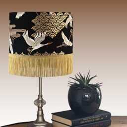 Luxury Oriental Japanese Cranes Lampshade Black & Gold With Fringe - thumbnail 3