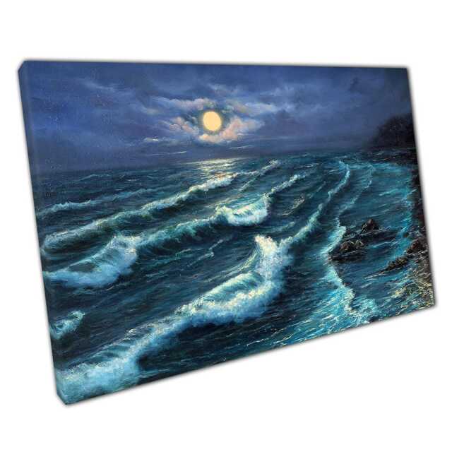Turbulent Ocean Shore Painting Full Moon Canvas Wall Art Print For Home & Office Decor - image 1