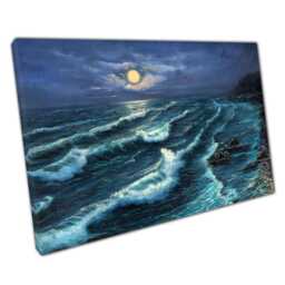 Turbulent Ocean Shore Painting Full Moon Canvas Wall Art Print For Home & Office Decor - thumbnail 1