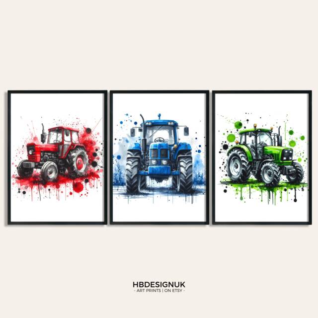 Tractor Print Set - 3 Watercolour Posters - Boys Bedroom Artwork Farm Wall Art Red, Blue, Green Tractors Construction Decor Picture - image 1