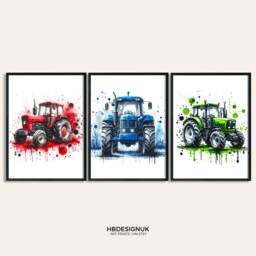 Tractor Print Set - 3 Watercolour Posters - Boys Bedroom Artwork Farm Wall Art Red, Blue, Green Tractors Construction Decor Picture - thumbnail 1