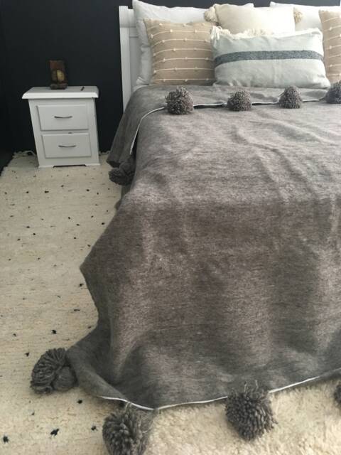 Moroccan Blanket With Pompom Loomed By Hand, Charcoal Grey, Berber Blanket, Wool Hand Woven, Handmade Bed Spread, Cover - image 1