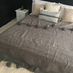 Moroccan Blanket With Pompom Loomed By Hand, Charcoal Grey, Berber Blanket, Wool Hand Woven, Handmade Bed Spread, Cover - thumbnail 3