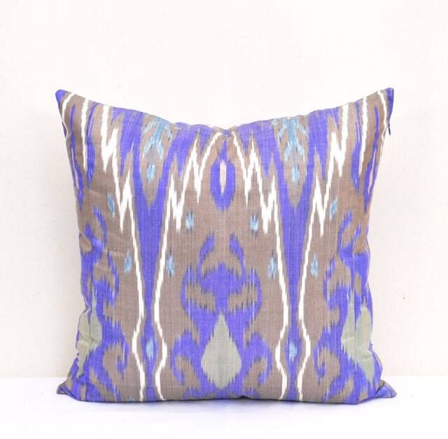 Blue Ikat Pillow Cover, Handloom Silk Cotton Cushion - 20x20 In - image 1