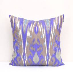 Blue Ikat Pillow Cover, Handloom Silk Cotton Cushion - 20x20 In - thumbnail 1