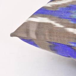 Blue Ikat Pillow Cover, Handloom Silk Cotton Cushion - 20x20 In - thumbnail 3