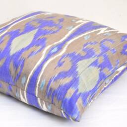 Blue Ikat Pillow Cover, Handloom Silk Cotton Cushion - 20x20 In - thumbnail 2