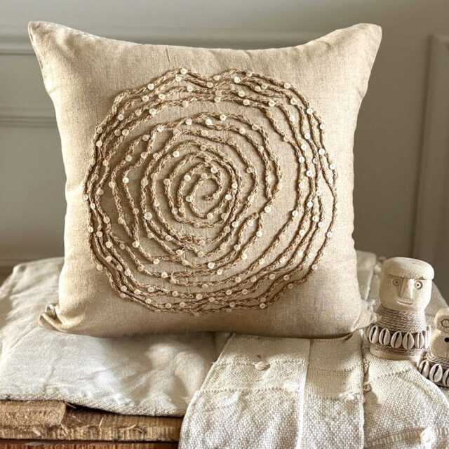 Beige Cotton Linen Mother Of Pearl, Jute Lace Nature & Floral, 16x16 Contemporary Throw Pillow Cover - Earthy Rose - image 1