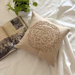 Beige Cotton Linen Mother Of Pearl, Jute Lace Nature & Floral, 16x16 Contemporary Throw Pillow Cover - Earthy Rose - thumbnail 2