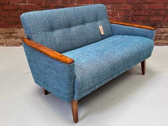 Vintage Danish Teak Mid Century Inspired Model 55 2 Seat Sofa Settee in Ocean Blue Multi Weave Fabric - image 1