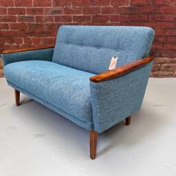 Vintage Danish Teak Mid Century Inspired Model 55 2 Seat Sofa Settee in Ocean Blue Multi Weave Fabric - thumbnail 3