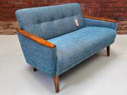 Vintage Danish Teak Mid Century Inspired Model 55 2 Seat Sofa Settee in Ocean Blue Multi Weave Fabric - thumbnail 1