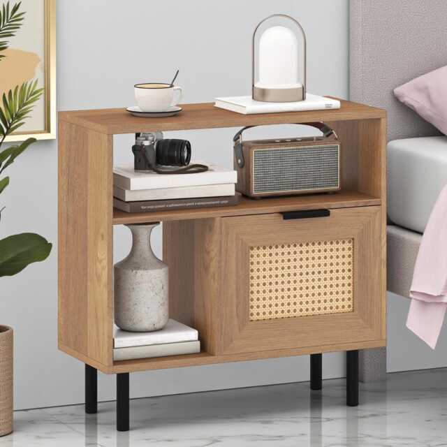 Rattan Nightstand Natural Side Table With Open Shelf & Cabinet, Bedroom, Living Room, Entryway - image 1