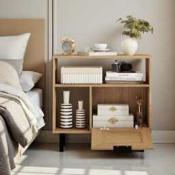 Rattan Nightstand Natural Side Table With Open Shelf & Cabinet, Bedroom, Living Room, Entryway - thumbnail 2