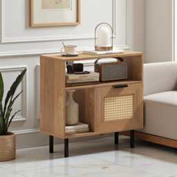 Rattan Nightstand Natural Side Table With Open Shelf & Cabinet, Bedroom, Living Room, Entryway - thumbnail 3