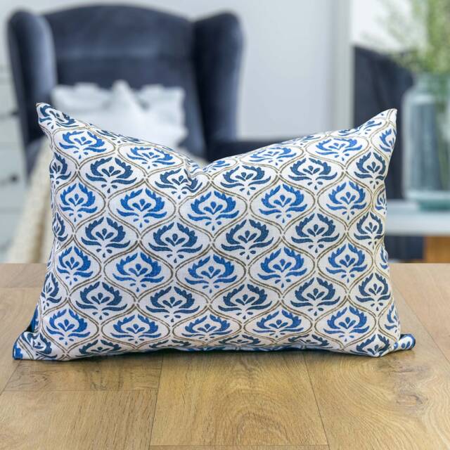 Tamil Batik Boudoir Cushion. Indigo Blue Indonesian Inspired Geometric Floral Emblem Design. Eco-Friendly Cotton & Velvet, 17x12 - image 1