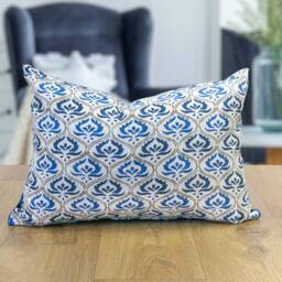 Tamil Batik Boudoir Cushion. Indigo Blue Indonesian Inspired Geometric Floral Emblem Design. Eco-Friendly Cotton & Velvet, 17x12