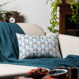 Tamil Batik Boudoir Cushion. Indigo Blue Indonesian Inspired Geometric Floral Emblem Design. Eco-Friendly Cotton & Velvet, 17x12 - thumbnail 3