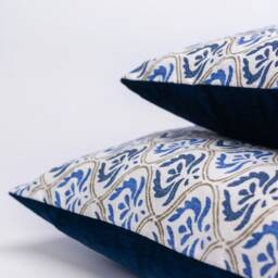 Tamil Batik Boudoir Cushion. Indigo Blue Indonesian Inspired Geometric Floral Emblem Design. Eco-Friendly Cotton & Velvet, 17x12 - thumbnail 2