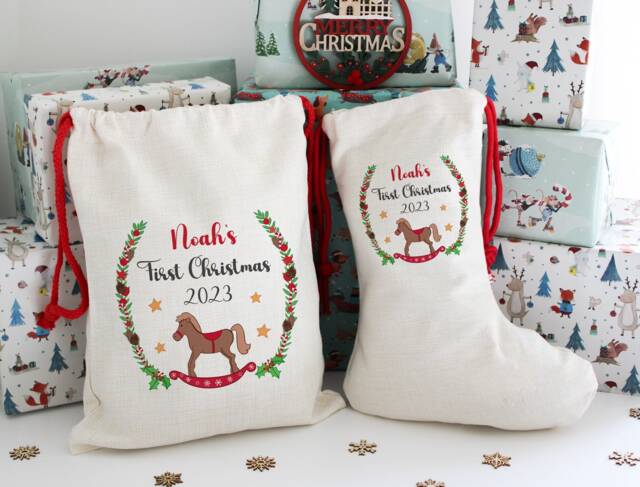 Rocking Horse Christmas Sack, Gifts Bag, 1St Stocking, First Santa Sack - image 1