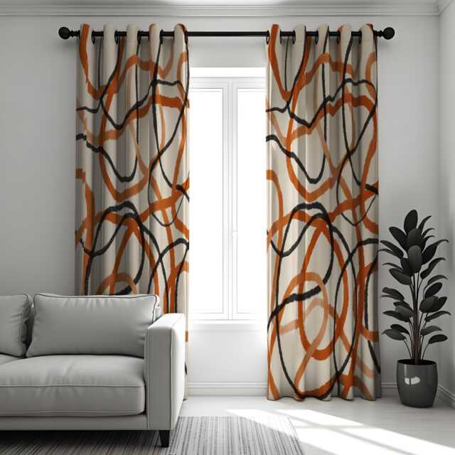 Abstract Orange & Black Line Curtains, Modern Geometric Drapes, Made To Order Window Treatment, Contemporary Living Room Or Bedroom Decor - image 1
