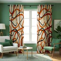 Abstract Orange & Black Line Curtains, Modern Geometric Drapes, Made To Order Window Treatment, Contemporary Living Room Or Bedroom Decor - thumbnail 2
