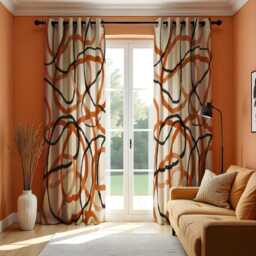 Abstract Orange & Black Line Curtains, Modern Geometric Drapes, Made To Order Window Treatment, Contemporary Living Room Or Bedroom Decor - thumbnail 3