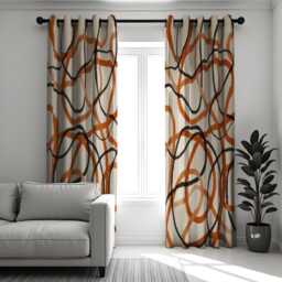 Abstract Orange & Black Line Curtains, Modern Geometric Drapes, Made To Order Window Treatment, Contemporary Living Room Or Bedroom Decor - thumbnail 1