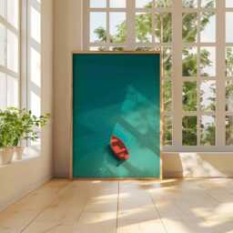 Abstract Boat Wall Art, Minimalist Ocean Poster, Modern Coastal Print, Red Rowboat Artwork, Contemporary Seascape Decor Poster - thumbnail 3