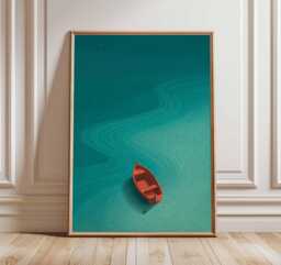 Abstract Boat Wall Art, Minimalist Ocean Poster, Modern Coastal Print, Red Rowboat Artwork, Contemporary Seascape Decor Poster - thumbnail 1