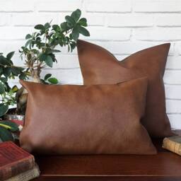 Brown Faux Leather Lumbar Pillow Cover Modern Home Decor - 10x16 Inch - thumbnail 2