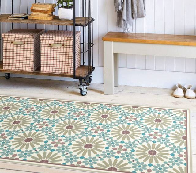 Vinyl Runner Rug With Moroccan Inspired Pattern. Hallway Tiles in Turquoise & Olive Green, Printed To Order - image 1