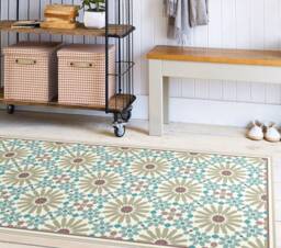 Vinyl Runner Rug With Moroccan Inspired Pattern. Hallway Tiles in Turquoise & Olive Green, Printed To Order - thumbnail 1