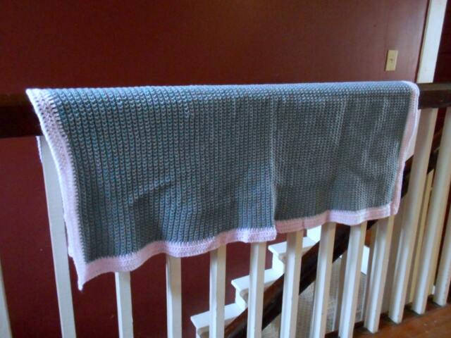 Homespun Crochet Pink & Light Teal Baby Crib Lap Blanket Shower New Baby Gift Unisex. Handmade Rustic Country Cottage Beach - image 1