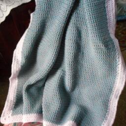 Homespun Crochet Pink & Light Teal Baby Crib Lap Blanket Shower New Baby Gift Unisex. Handmade Rustic Country Cottage Beach - thumbnail 4
