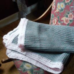 Homespun Crochet Pink & Light Teal Baby Crib Lap Blanket Shower New Baby Gift Unisex. Handmade Rustic Country Cottage Beach - thumbnail 2