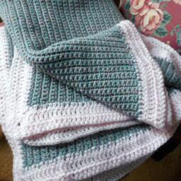Homespun Crochet Pink & Light Teal Baby Crib Lap Blanket Shower New Baby Gift Unisex. Handmade Rustic Country Cottage Beach - thumbnail 3