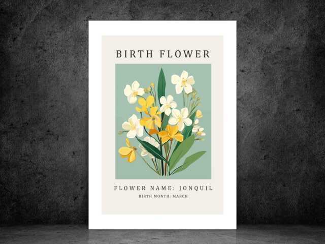 Birth Flower Print March Jonquil - Birthday Month Poster Botanical Wall Art Gift Idea A5 A4 A3 Framed Or Unframed - image 1