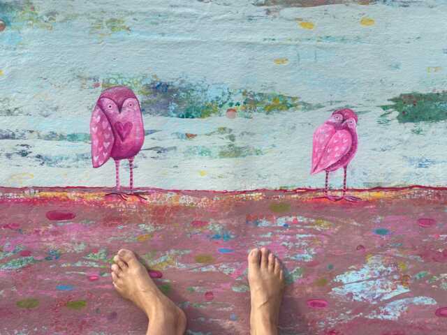 Hand-Painted Abstract Floorcloth Owl Pink, Blue, Green - Waterproof Canvas Art - image 1