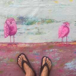 Hand-Painted Abstract Floorcloth Owl Pink, Blue, Green - Waterproof Canvas Art - thumbnail 3