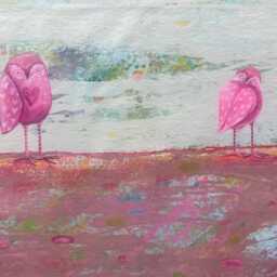 Hand-Painted Abstract Floorcloth Owl Pink, Blue, Green - Waterproof Canvas Art - thumbnail 2