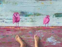 Hand-Painted Abstract Floorcloth Owl Pink, Blue, Green - Waterproof Canvas Art - thumbnail 1