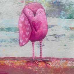 Hand-Painted Abstract Floorcloth Owl Pink, Blue, Green - Waterproof Canvas Art - thumbnail 4