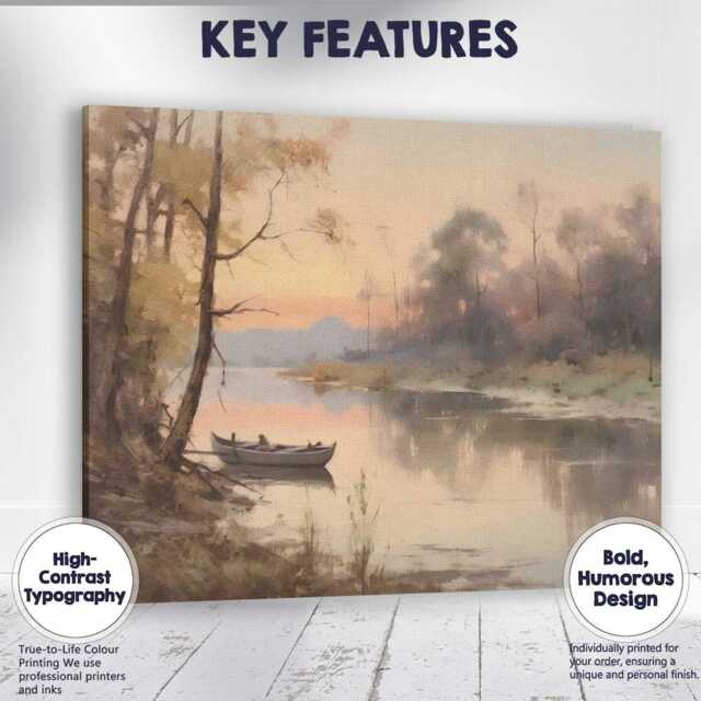 Misty River Boat Tranquil Woodland Waterside Landscape Canvas Wall Art Print Decor Picture Ready To Hang - image 1