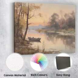 Misty River Boat Tranquil Woodland Waterside Landscape Canvas Wall Art Print Decor Picture Ready To Hang - thumbnail 2