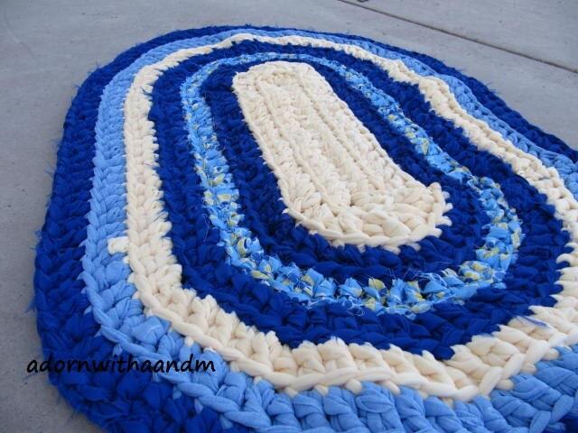 Under The Sea Crocheted Oval Shape Rag Rug, Eco Friendly, Washable, Bath Mat, Durable, Kitchen Home Decor, Blue, Baby Yellow, Pastel - image 1
