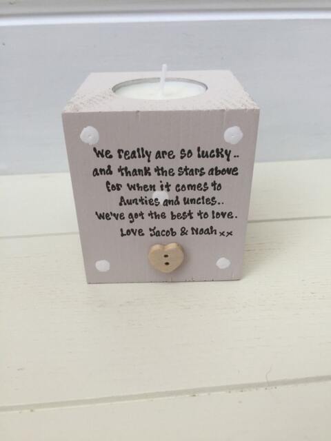 Shabby Personalised Chic Aunty & Uncle Auntie Aunt Great Wooden Candle Gift Any Name You Would Like